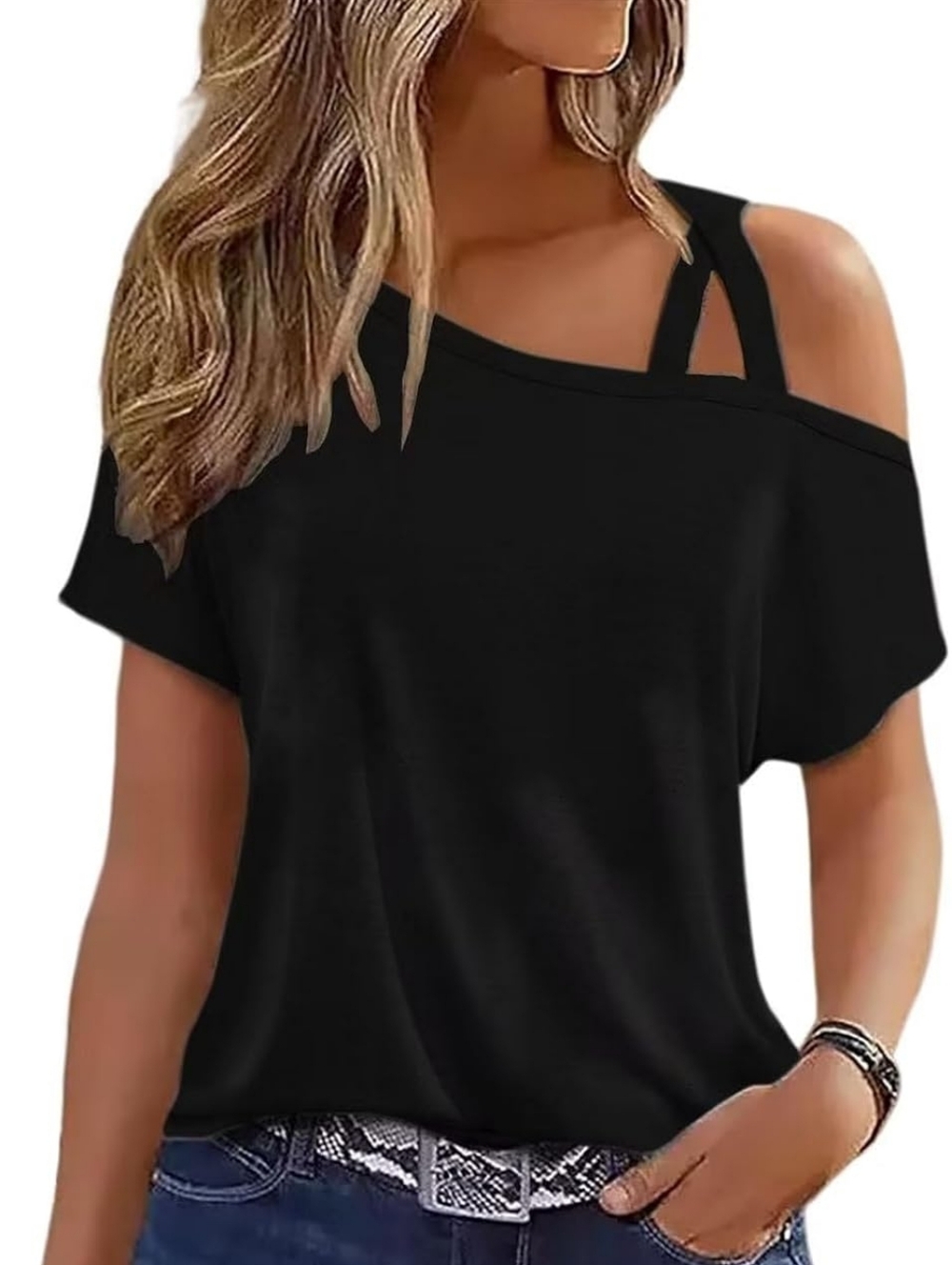Women's Black Off-Shoulder Strap Top